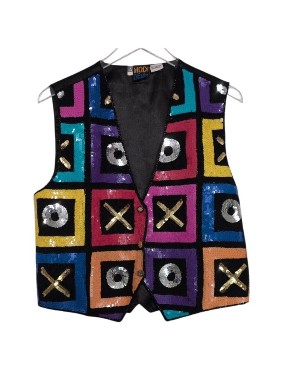 Vintage Modi Denim XO Sequin Vest Womens Size Small Black Bling Multicolor